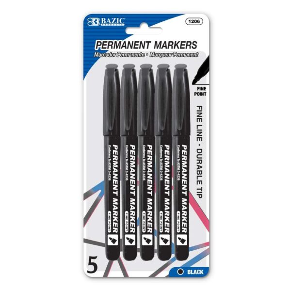BLACK FINE TIP PERMANENT MARKERS W/ POCKET CLIP (5/PACK)