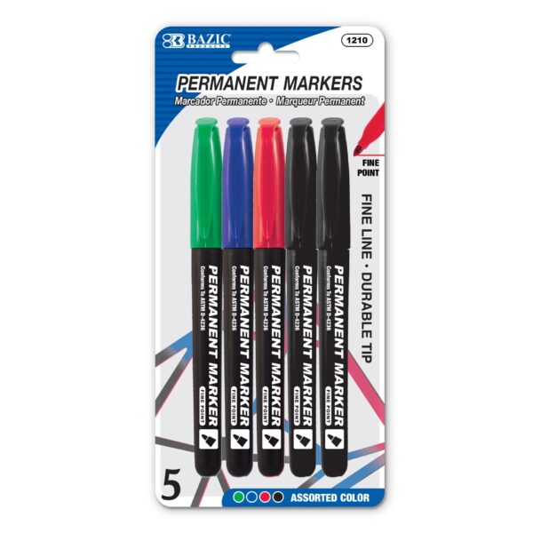 ASSORTED COLORS FINE TIP PERMANENT MARKERS W/ POCKET CLIP (5/PACK)