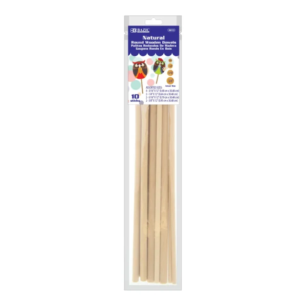 ASSORTED ROUND NATURAL WOODEN DOWEL (10/BAG)